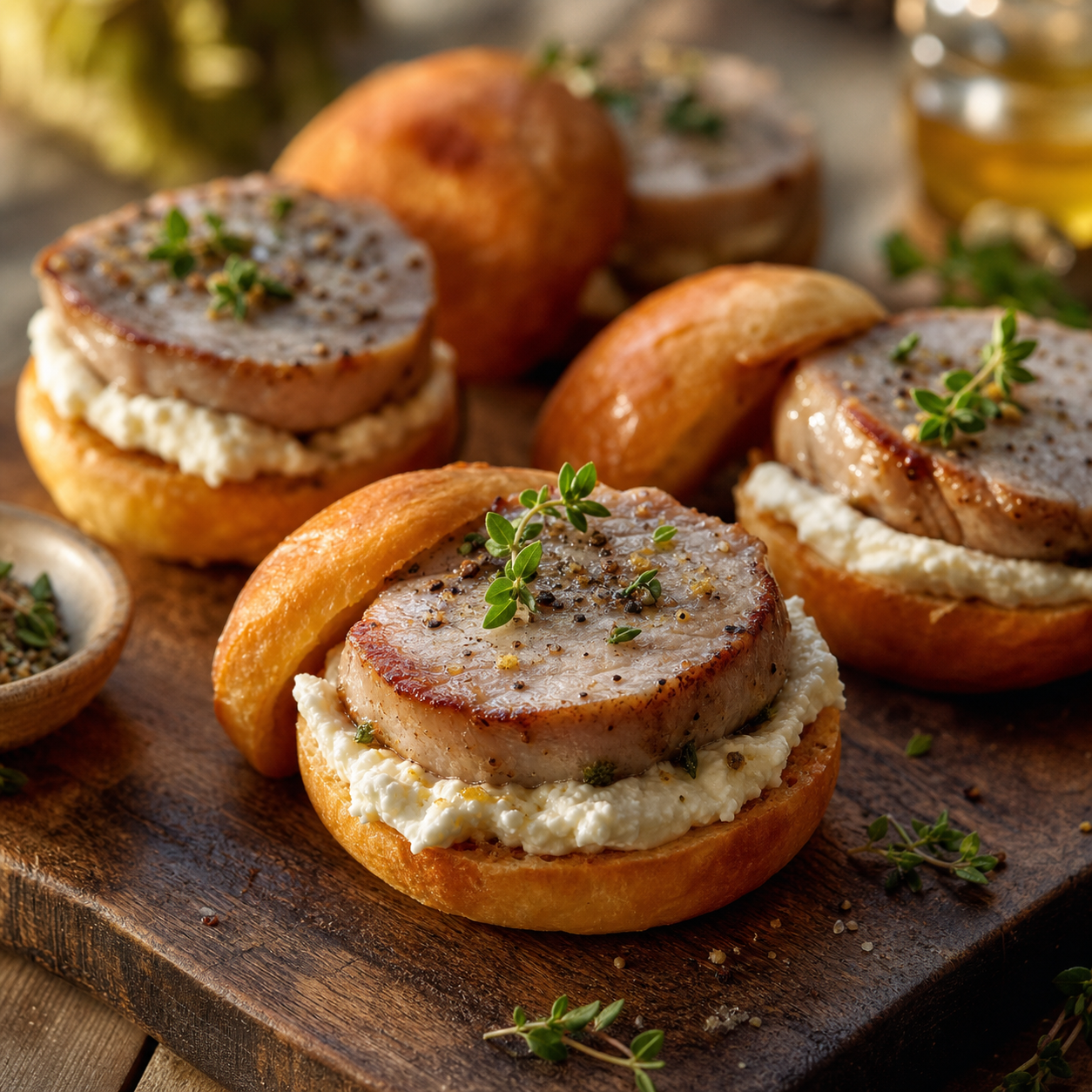 Montaditos piratas de verano con solomillo duroc y crema de rulo